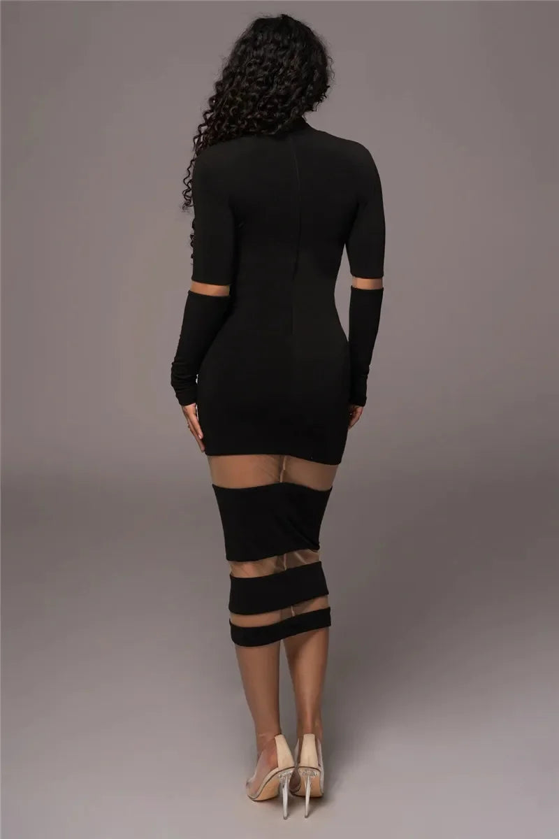 Women's long sleeve bodycon midi dress with sheer panels, high neckline, and elegant silhouette, front view.