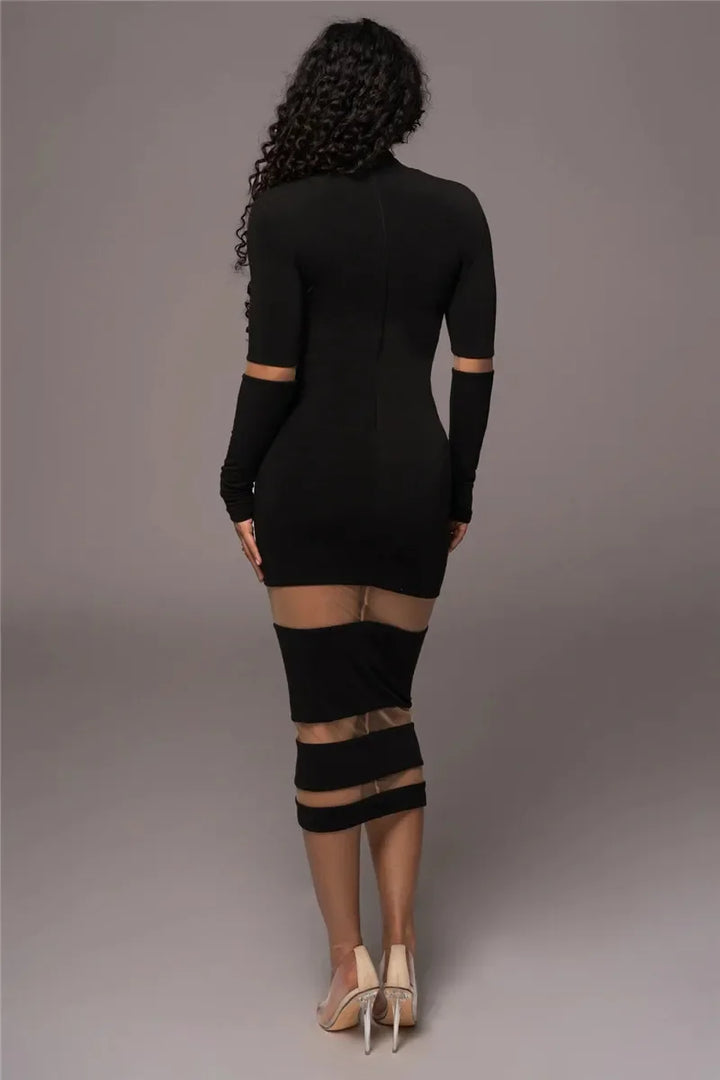 Women's long sleeve bodycon midi dress with sheer panels, high neckline, and elegant silhouette, front view.