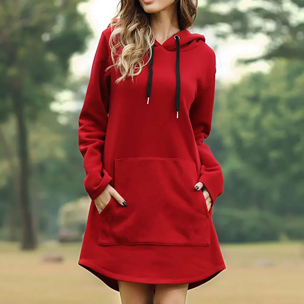 "Women's long style hoodie with relaxed fit, cozy soft fabric, ideal for fall and winter, showcasing trendy casual design."
