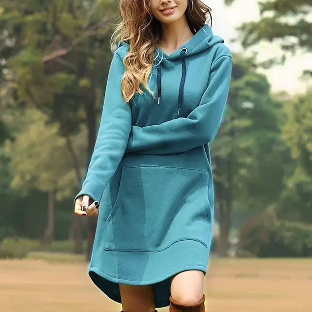 "Women's long style hoodie with relaxed fit, cozy soft fabric, ideal for fall and winter, showcasing trendy casual design."