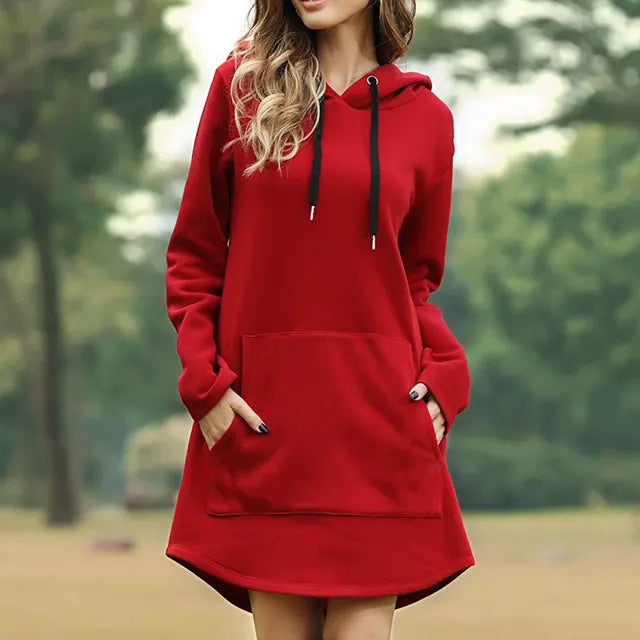 "Women's long style hoodie with relaxed fit, cozy soft fabric, ideal for fall and winter, showcasing trendy casual design."