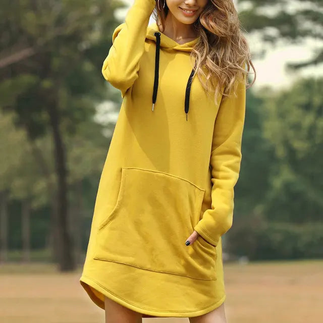 "Women's long style hoodie with relaxed fit, cozy soft fabric, ideal for fall and winter, showcasing trendy casual design."