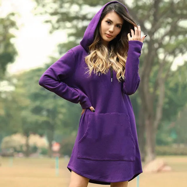 "Women's long style hoodie with relaxed fit, cozy soft fabric, ideal for fall and winter, showcasing trendy casual design."