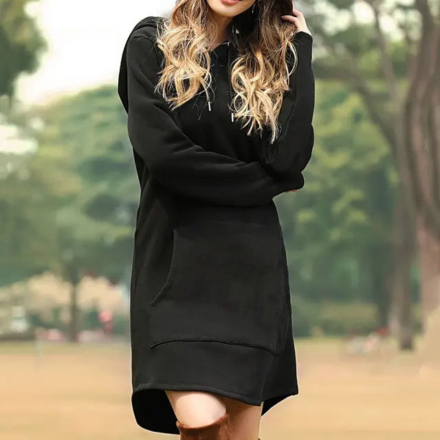 "Women's long style hoodie with relaxed fit, cozy soft fabric, ideal for fall and winter, showcasing trendy casual design."