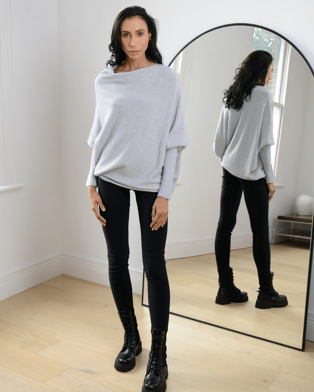 "Womens loose sweater with classic design, luxurious fit; available in beige, gray, black, green, purple, and more colors."