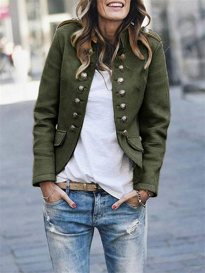 "Women's military jacket with epaulettes, hip-length, button-front, in army green; structured fit for casual elegance."