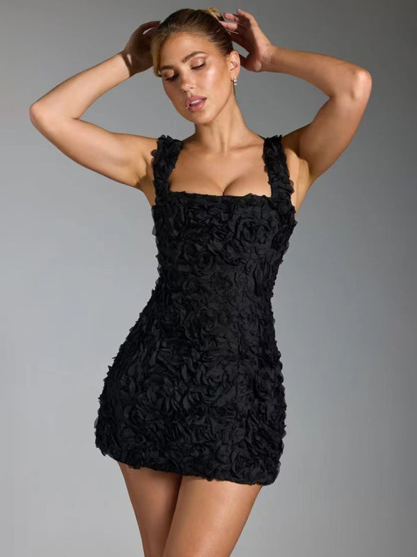 "Women's mini dress with 3D floral appliqué detail, fitted silhouette, chic neckline, available in black, pink, white."