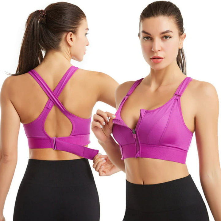 "Women's no-bounce sports bra, high-support, ideal for intense workouts, front view with sleek design, and adjustable straps.