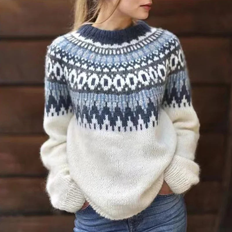 "Women's Norwegian knitted sweater, Nordic pattern, cozy winter jumper, soft wool blend, traditional Scandinavian style"