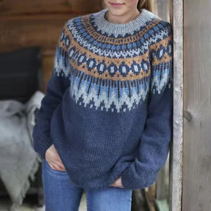 "Women's Norwegian knitted sweater, Nordic pattern, cozy winter jumper, soft wool blend, traditional Scandinavian style"