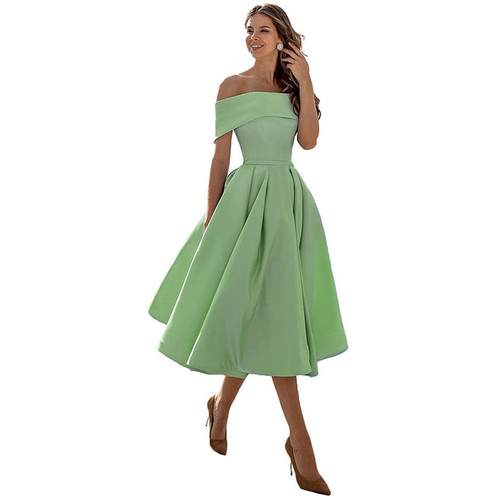 Women's off-shoulder A-line dress with flared skirt, elegant silhouette, perfect for formal events, showcases chic style.
