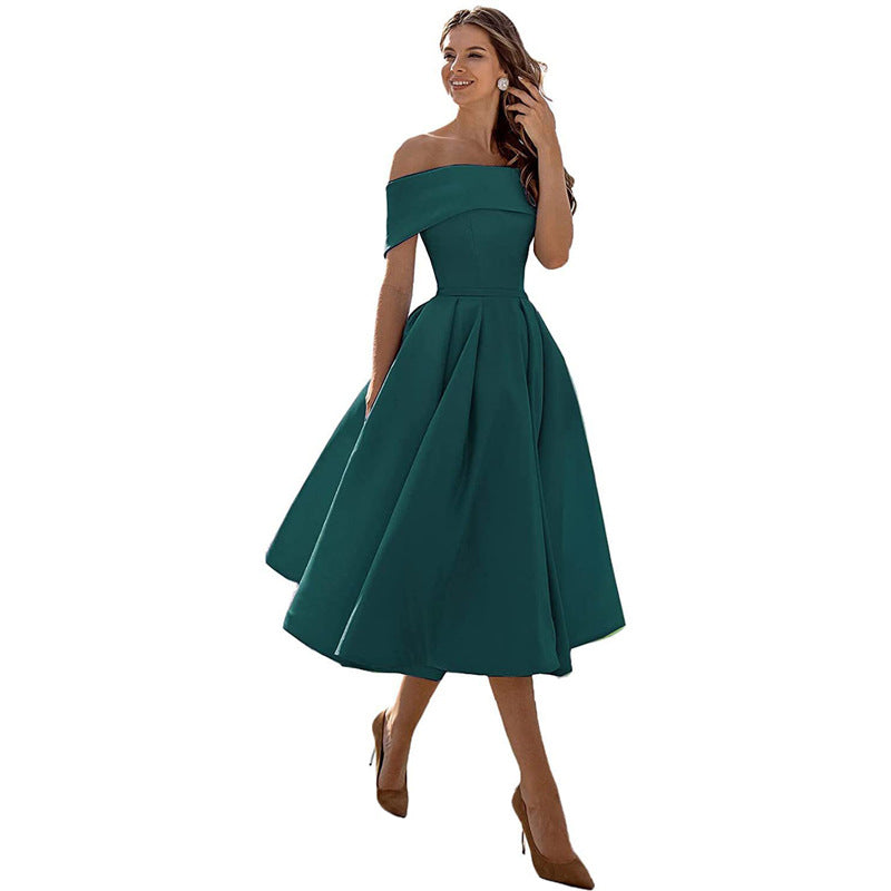 Women's off-shoulder A-line dress with flared skirt, elegant silhouette, perfect for formal events, showcases chic style.