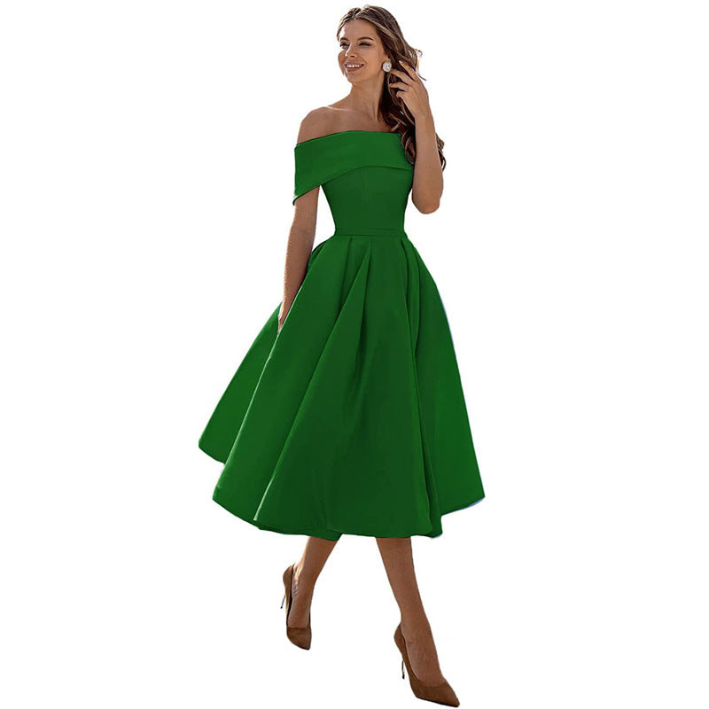 Women's off-shoulder A-line dress with flared skirt, elegant silhouette, perfect for formal events, showcases chic style.