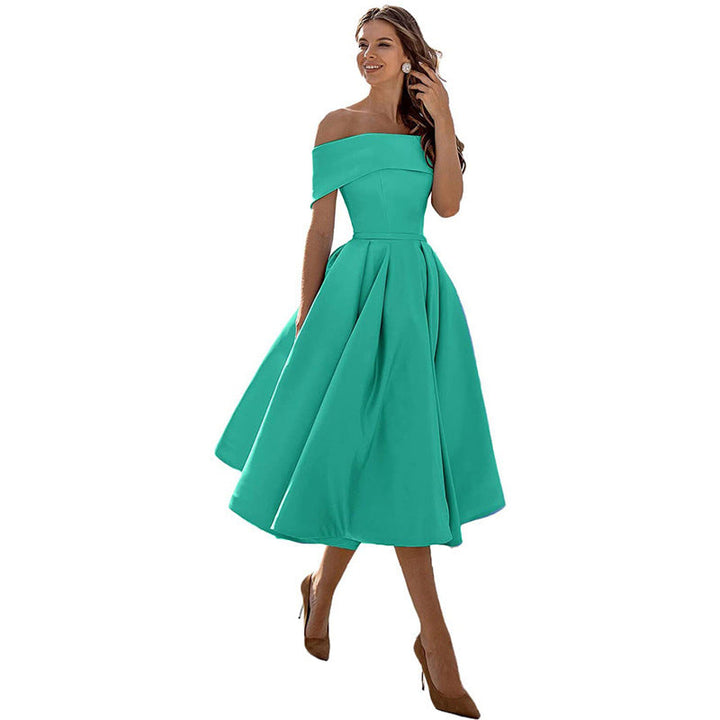Women's off-shoulder A-line dress with flared skirt, elegant silhouette, perfect for formal events, showcases chic style.