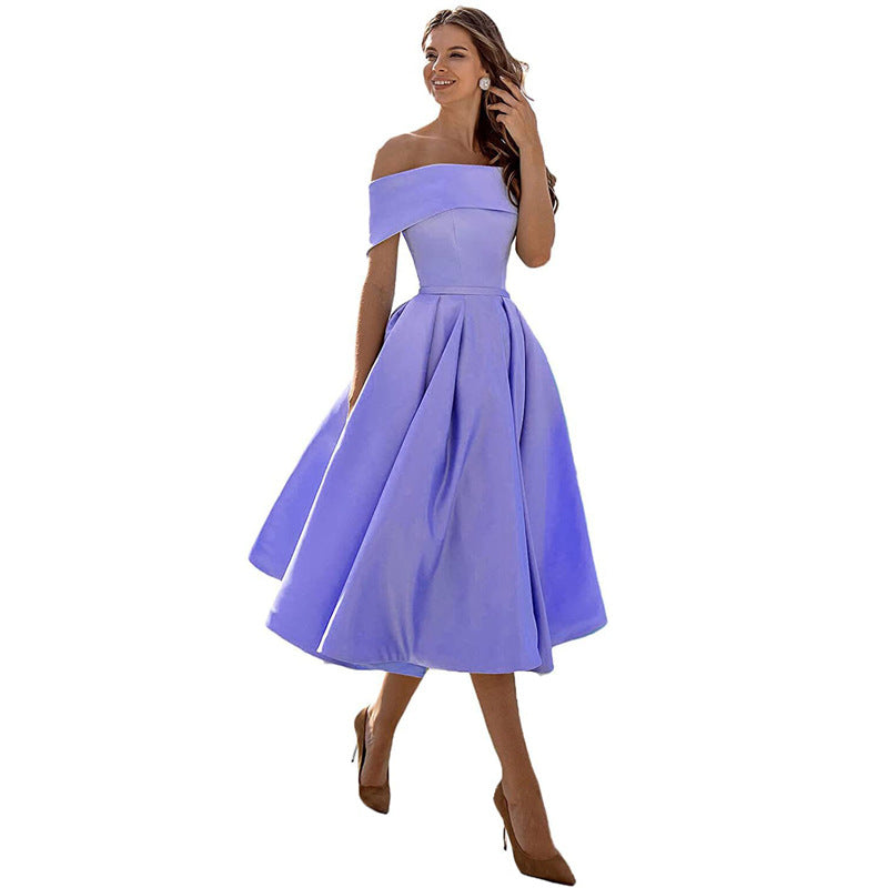 Women's off-shoulder A-line dress with flared skirt, elegant silhouette, perfect for formal events, showcases chic style.