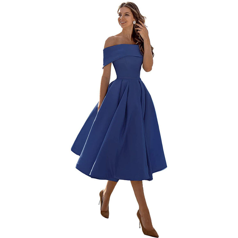Women's off-shoulder A-line dress with flared skirt, elegant silhouette, perfect for formal events, showcases chic style.