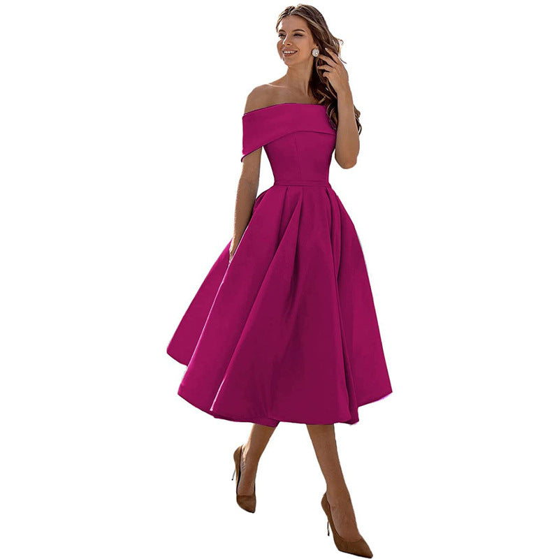 Women's off-shoulder A-line dress with flared skirt, elegant silhouette, perfect for formal events, showcases chic style.
