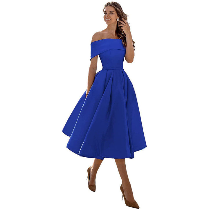 Women's off-shoulder A-line dress with flared skirt, elegant silhouette, perfect for formal events, showcases chic style.