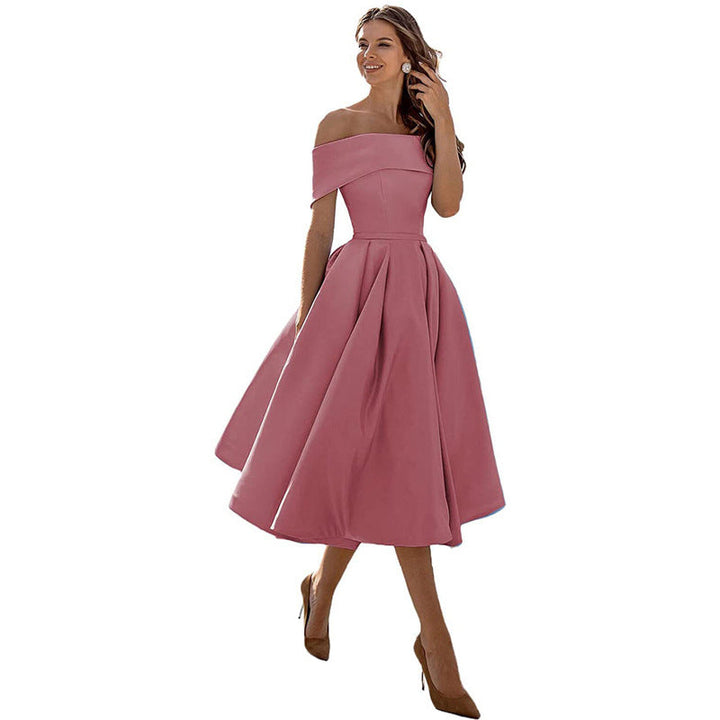 Women's off-shoulder A-line dress with flared skirt, elegant silhouette, perfect for formal events, showcases chic style.