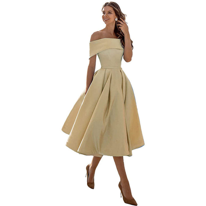 Women's off-shoulder A-line dress with flared skirt, elegant silhouette, perfect for formal events, showcases chic style.