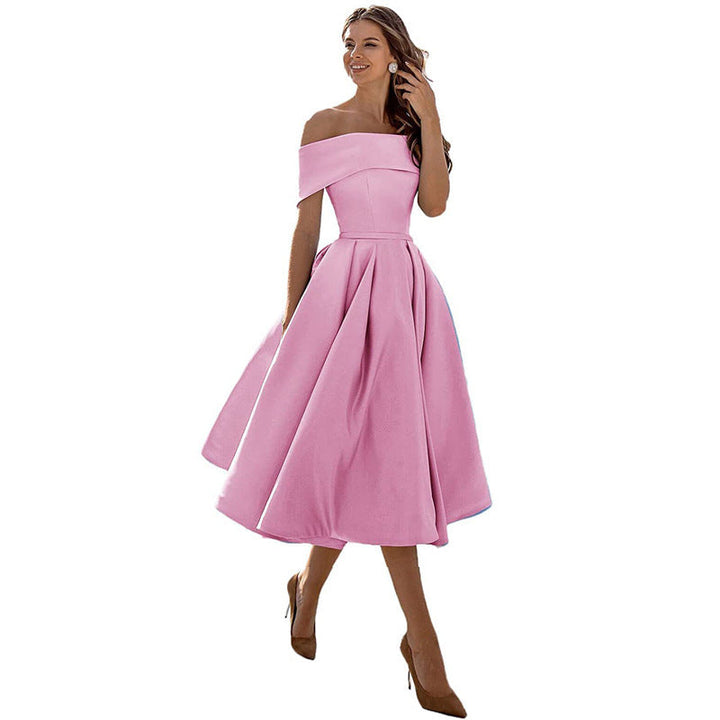 Women's off-shoulder A-line dress with flared skirt, elegant silhouette, perfect for formal events, showcases chic style.