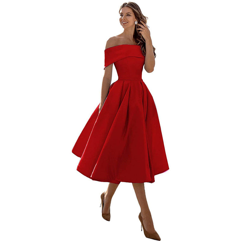 Women's off-shoulder A-line dress with flared skirt, elegant silhouette, perfect for formal events, showcases chic style.