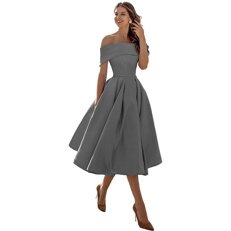 Women's off-shoulder A-line dress with flared skirt, elegant silhouette, perfect for formal events, showcases chic style.