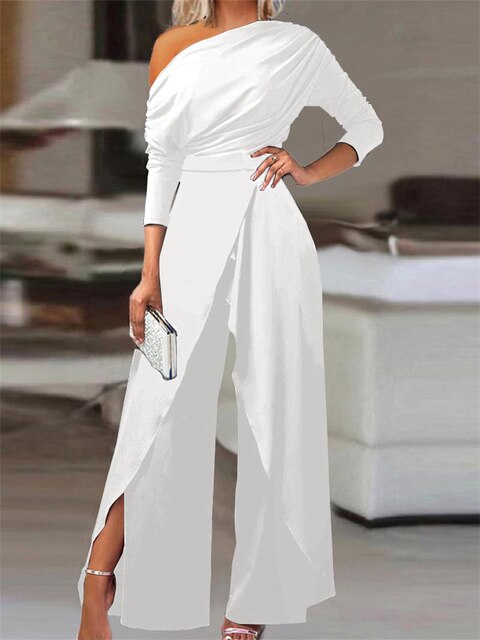 Women's off-shoulder jumpsuit, wide-leg design, long-sleeve, cinched waist, elegant for special occasions, chic and flowing.