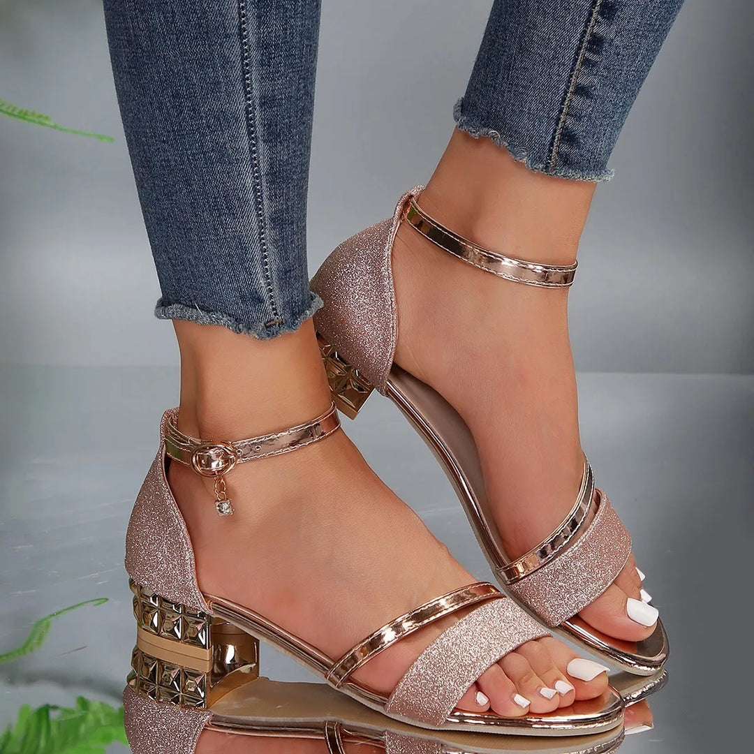 "Women's open-toe block heel sandals with ankle strap, available in black, gold, rose gold, and silver for fashion and comfor