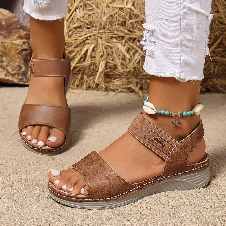 Women's open toe slip-on sandals with ankle strap, cushioned footbed, high-quality PU leather, perfect for sunny days.