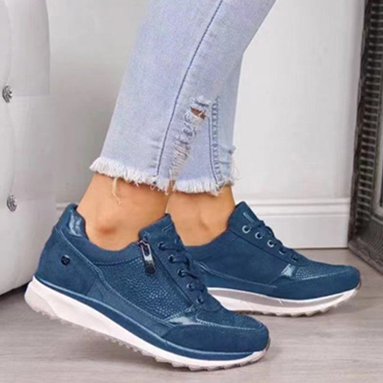 "Women's orthopedic athletic sneakers with non-slip soles, breathable mesh, cushioned insoles, lace-up design, blue and gray"