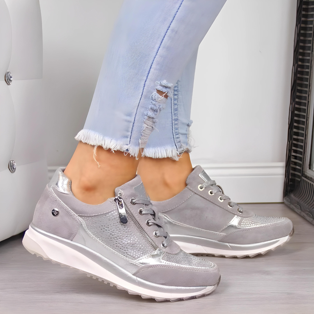 "Women's orthopedic athletic sneakers with non-slip soles, breathable mesh, cushioned insoles, lace-up design, blue and gray"