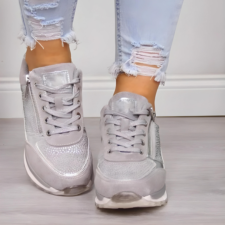 "Women's orthopedic athletic sneakers with non-slip soles, breathable mesh, cushioned insoles, lace-up design, blue and gray"