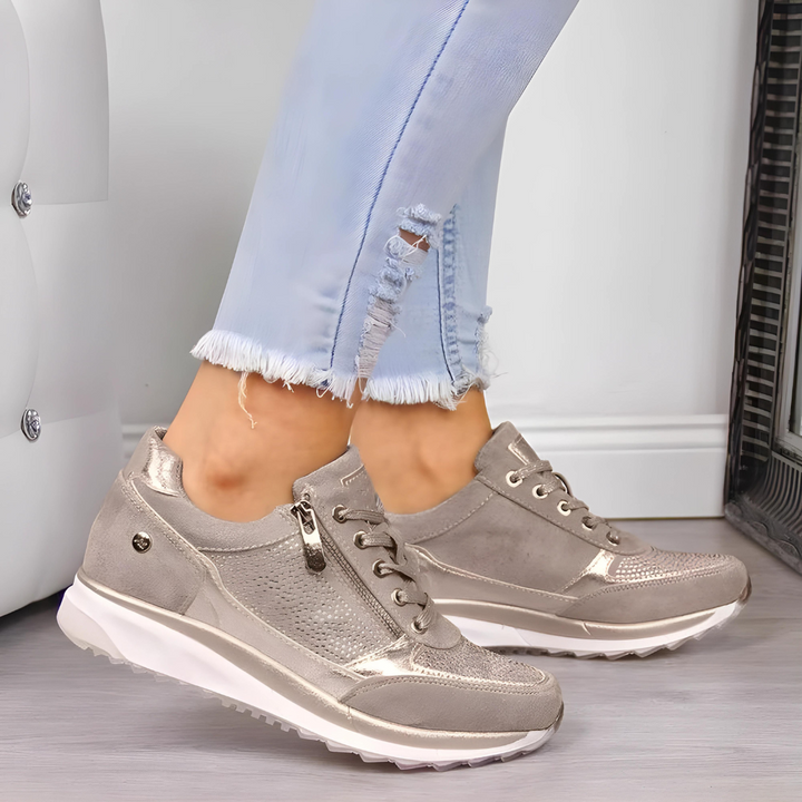 "Women's orthopedic athletic sneakers with non-slip soles, breathable mesh, cushioned insoles, lace-up design, blue and gray"