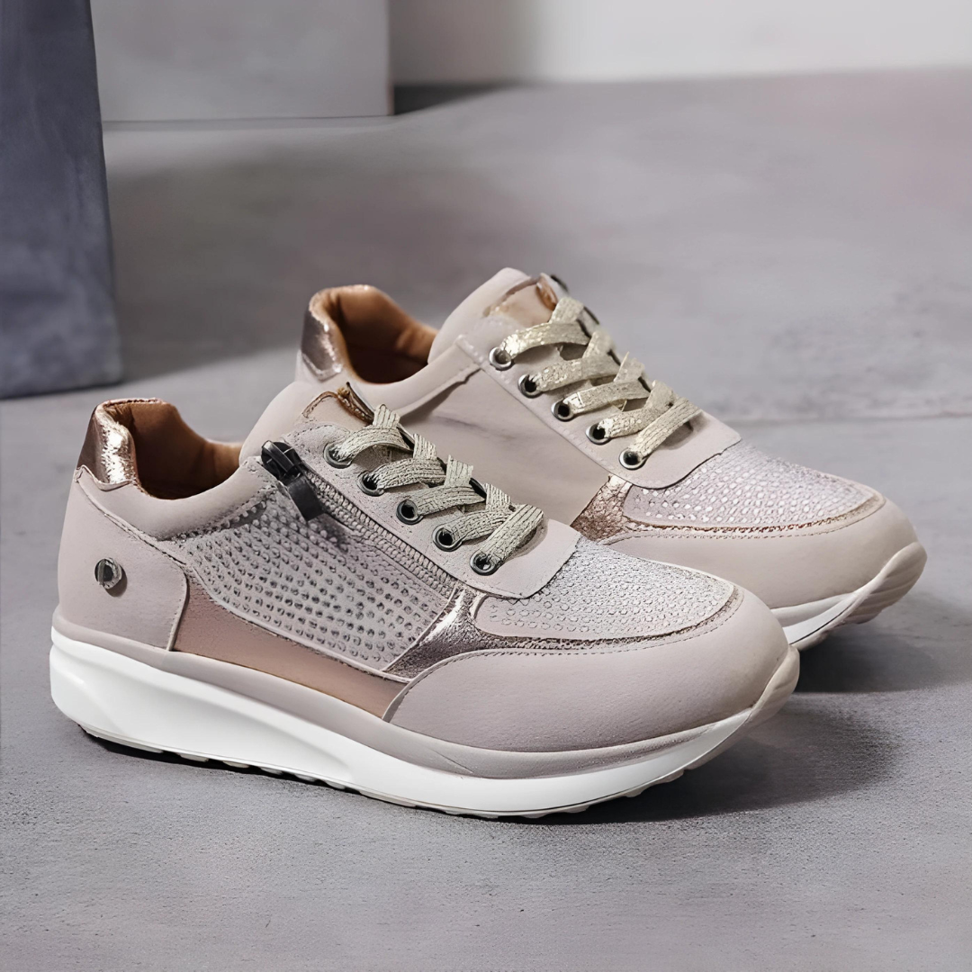 "Women's orthopedic athletic sneakers with non-slip soles, breathable mesh, cushioned insoles, lace-up design, blue and gray"