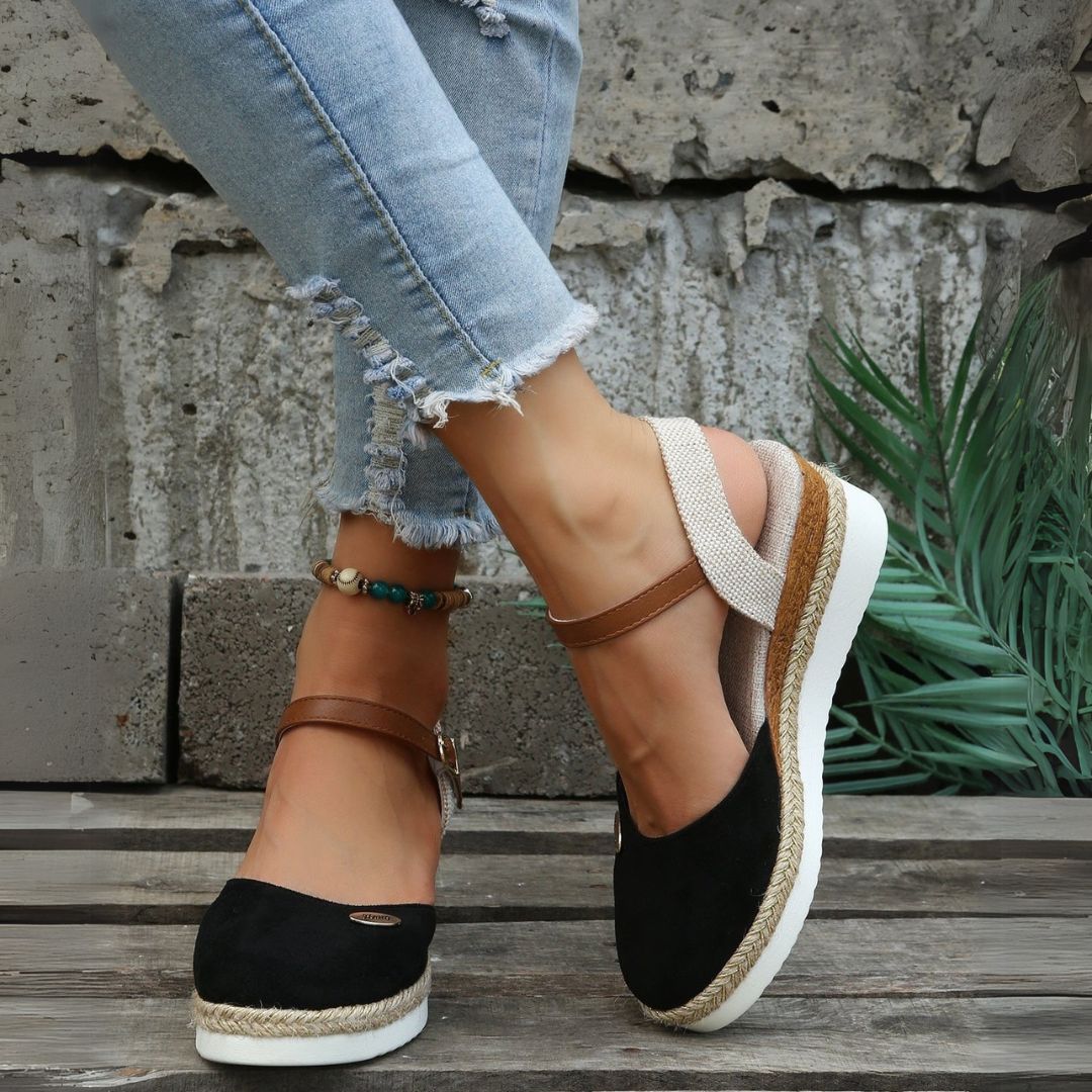 "Women's orthopedic espadrille sandals with arch support, brown, soft polyester upper, adjustable buckle, casual summer style