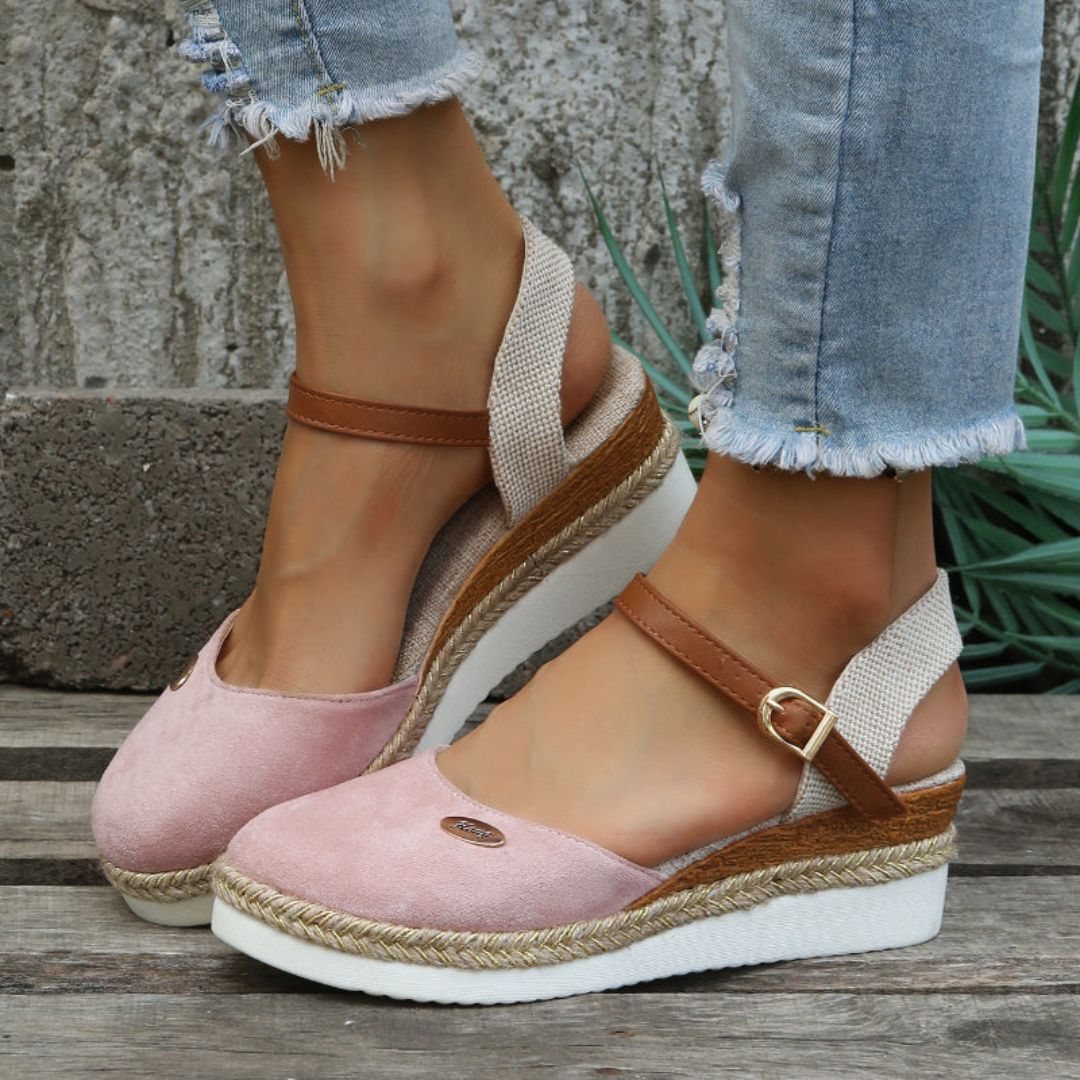 "Women's orthopedic espadrille sandals with arch support, brown, soft polyester upper, adjustable buckle, casual summer style