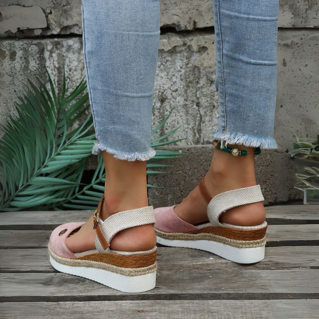 "Women's orthopedic espadrille sandals with arch support, brown, soft polyester upper, adjustable buckle, casual summer style