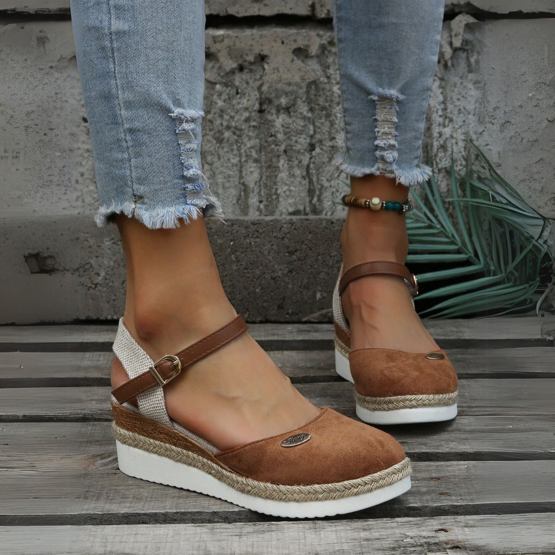 "Women's orthopedic espadrille sandals with arch support, brown, soft polyester upper, adjustable buckle, casual summer style