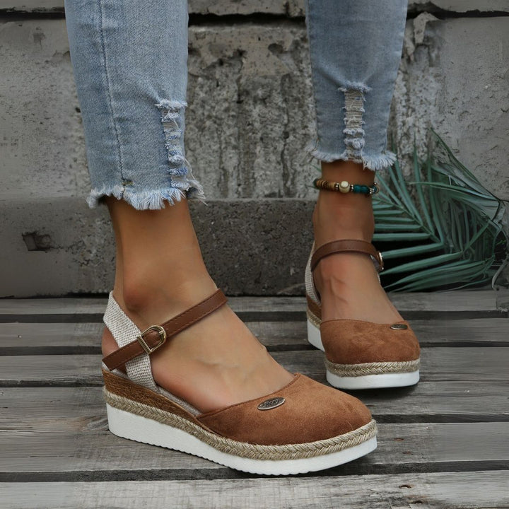 "Women's orthopedic espadrille sandals with arch support, brown, soft polyester upper, adjustable buckle, casual summer style