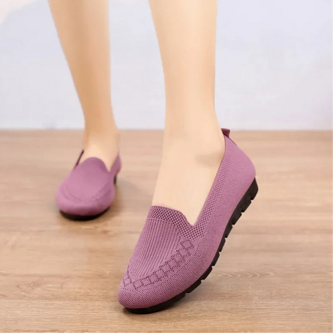 Women's orthopedic flat shoes, pink, breathable mesh, non-slip sole, ergonomic, comfortable, stylish, lightweight design.