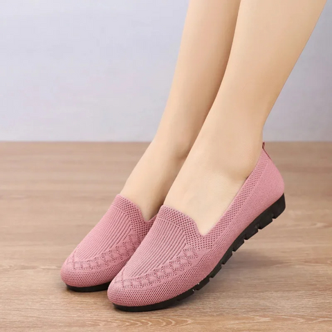Women's orthopedic flat shoes, pink, breathable mesh, non-slip sole, ergonomic, comfortable, stylish, lightweight design.