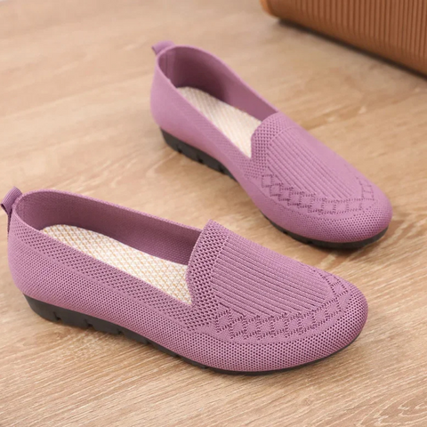 Women's orthopedic flat shoes, pink, breathable mesh, non-slip sole, ergonomic, comfortable, stylish, lightweight design.
