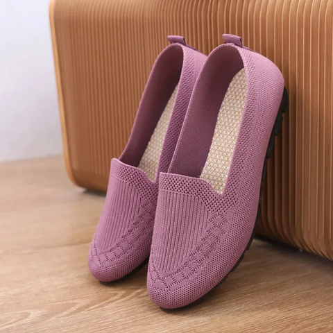 Women's orthopedic flat shoes, pink, breathable mesh, non-slip sole, ergonomic, comfortable, stylish, lightweight design.