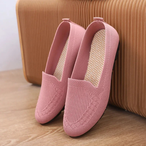 Women's orthopedic flat shoes, pink, breathable mesh, non-slip sole, ergonomic, comfortable, stylish, lightweight design.