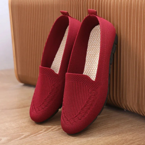 Women's orthopedic flat shoes, pink, breathable mesh, non-slip sole, ergonomic, comfortable, stylish, lightweight design.