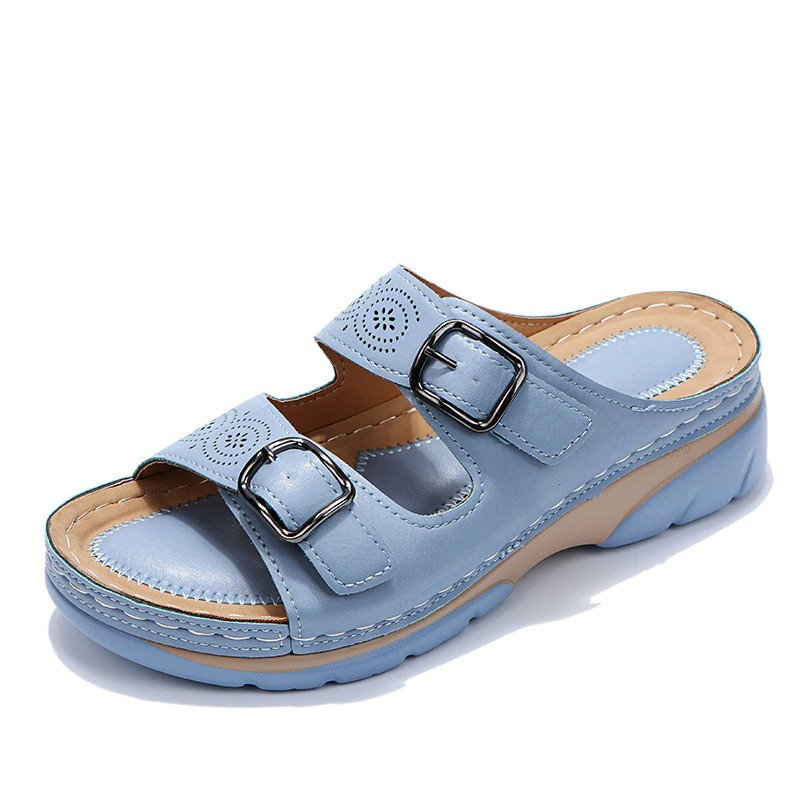 Women's orthopedic sandals with cushioned insole, open-toe design, brown color, adjustable straps for ergonomic support.