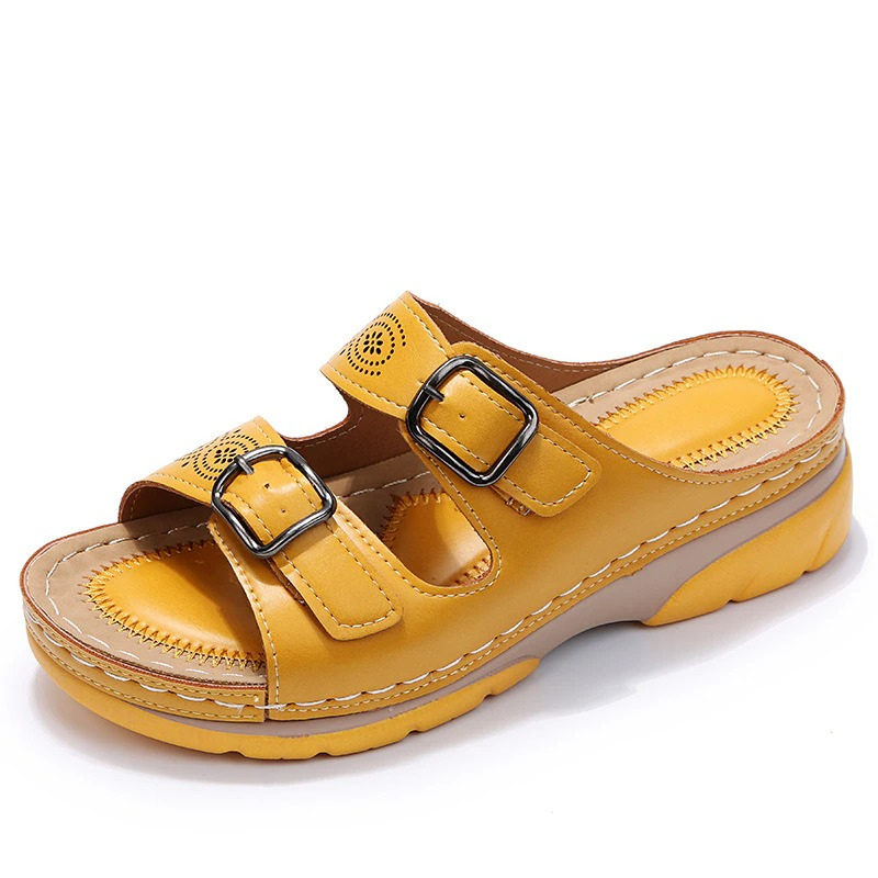 Women's orthopedic sandals with cushioned insole, open-toe design, brown color, adjustable straps for ergonomic support.