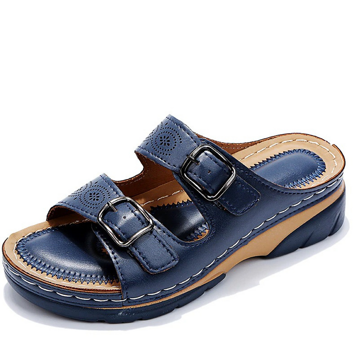Women's orthopedic sandals with cushioned insole, open-toe design, brown color, adjustable straps for ergonomic support.