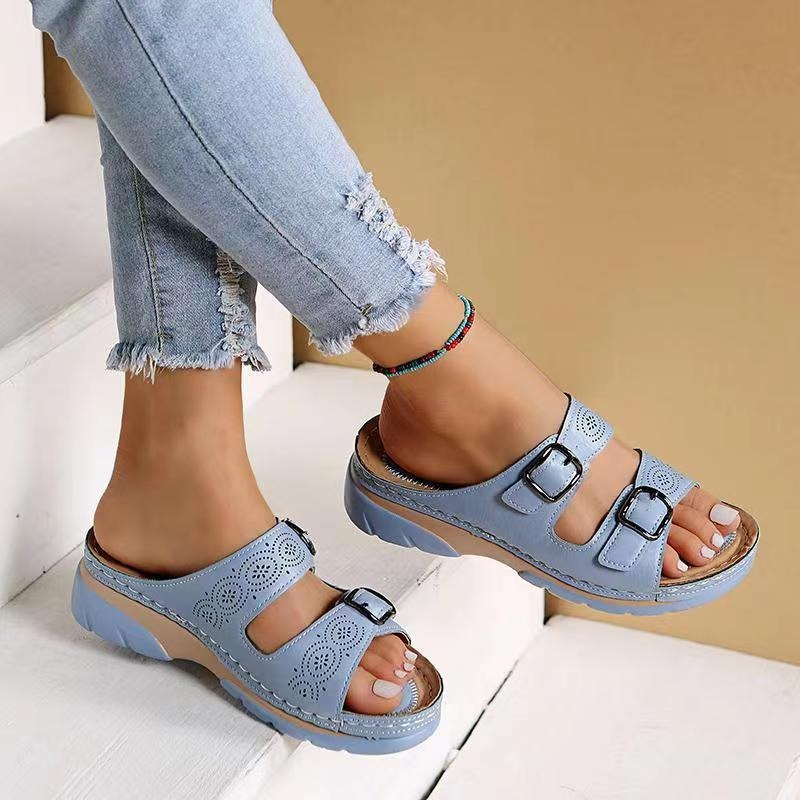 Women's orthopedic sandals with cushioned insole, open-toe design, brown color, adjustable straps for ergonomic support.